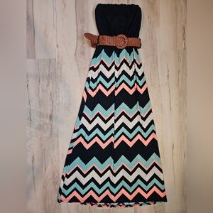 Rue21  Women's Chevron Strapless Maxi Dress With Belt Small Navy Peach Mint Boho